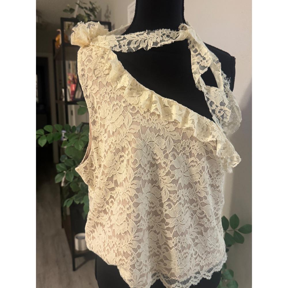 Skies Are Blue Cream Floral Lace One Shoulder Ruffle Blouse XL